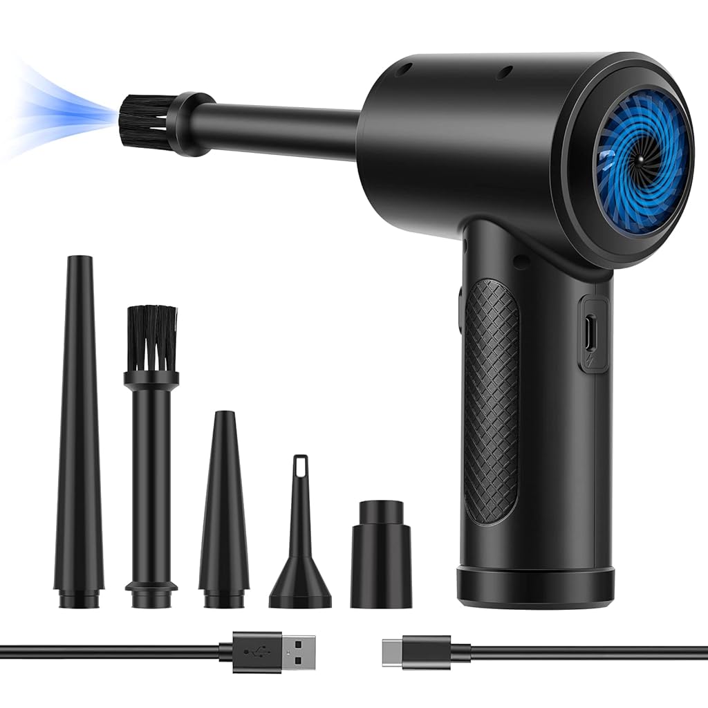 STHIRA® Electric Air Duster 2 In 1 Air Blower Air Pump with 5 Nozzles, 3-speed Air Duster with LED Light USB Cordless Handheld Compressed Air Blower for Car Dusting, Keyboard Maintenance