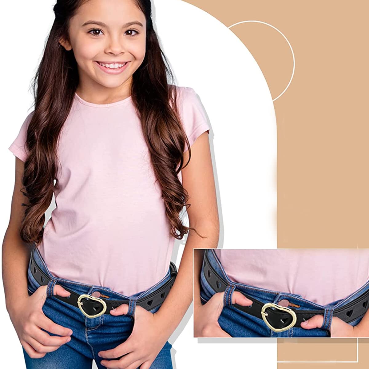 PALAY® Kids Belt for Girls 6-12, 2Pcs Fashion Girls Belt PU Leather Hollow Heart Metal Buckle Belt for Girl Jeans Dress Pants Gift (Black & Brown, Suit for Waist 26-30