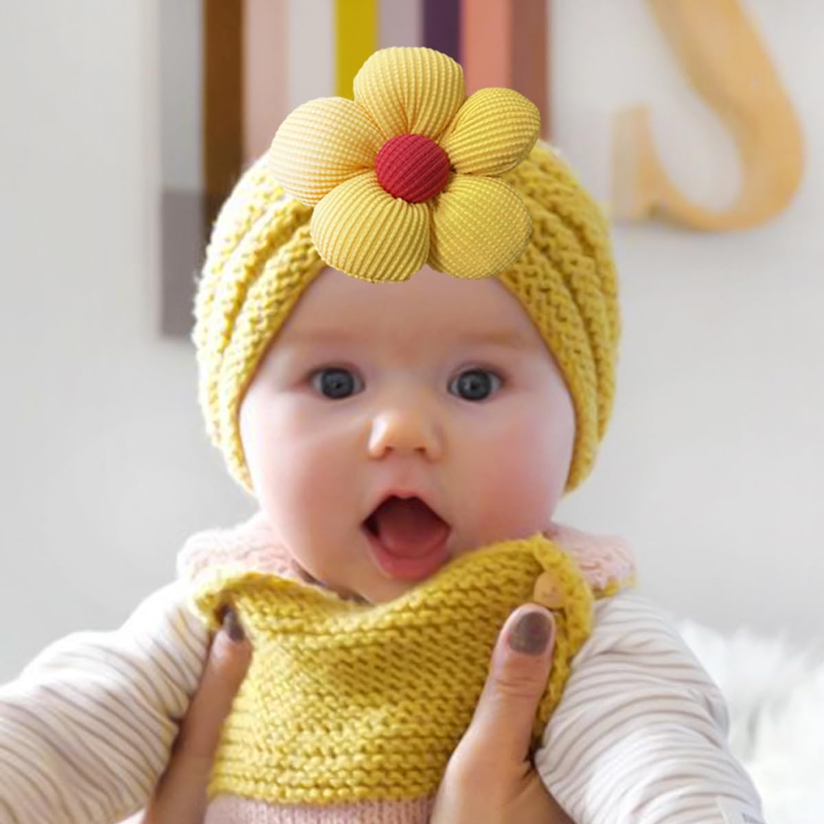 SNOWIE SOFT® 3Pcs Baby Hats for Girls Winter Cap for Kids Winter Hat Set Woolen Cap for Baby, Knitted Flower Cap Warm Beanie Toddler Stretchy Hat for 0 to 2 Years Baby Shower Gifts, Christmas Gift