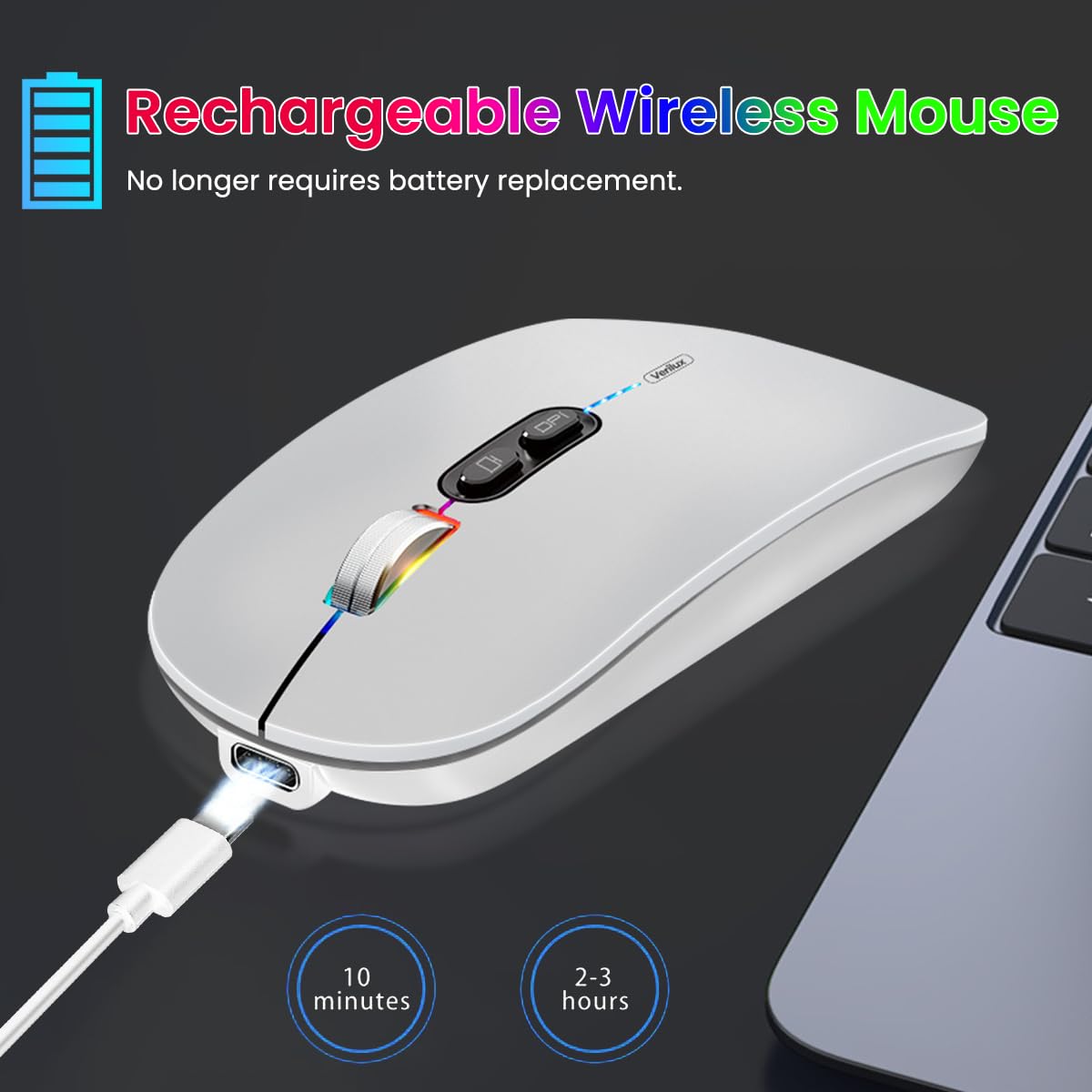 Verilux® Wireless Mouse Upgrade Three Modes 2.4G & Bluetooth 3.0 & Bluetooth 5.1 Wireless Fashion Ultra Slim Silent Mouse Game Mouse with Adjustable DPI for iPad, Laptop, PC, Mac, Windows