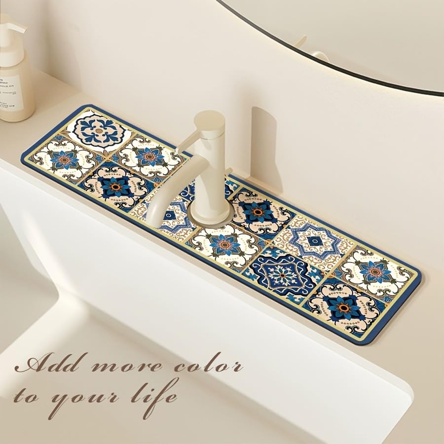 Supvox Kitchen Sink Faucet Pad 14x38cm for Counter Protection with Oval Opening | Quick-Dry Diatom Mud Retro Patchwork Mat