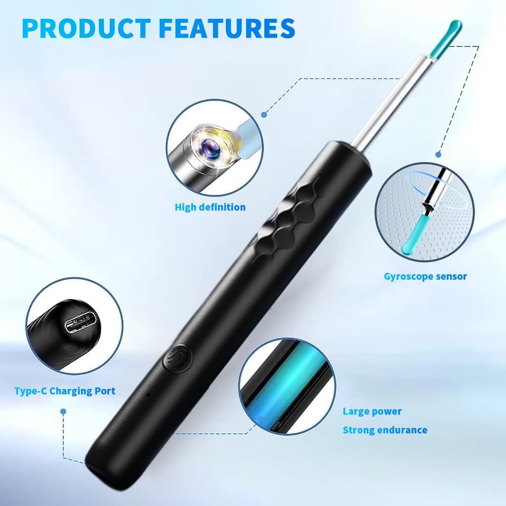 HANNEA® Ear Wax Remover Tool Kit Camera 10 Pcs Otoscope Ear Cleaner Wireless 1080P HD 3.5mm Ear Wax Cleaner with 6 Switchable Head Ear Camera for Cleaning Ear Cleaner Camera for iOS & Android