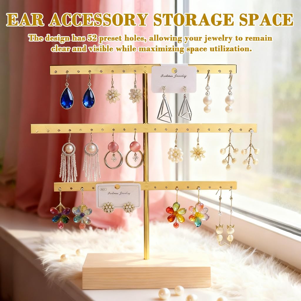 HASTHIP Earring Display Organizer for Desk and Dresser with 52 Holes and Wooden Base | Metal Jewelry Holder