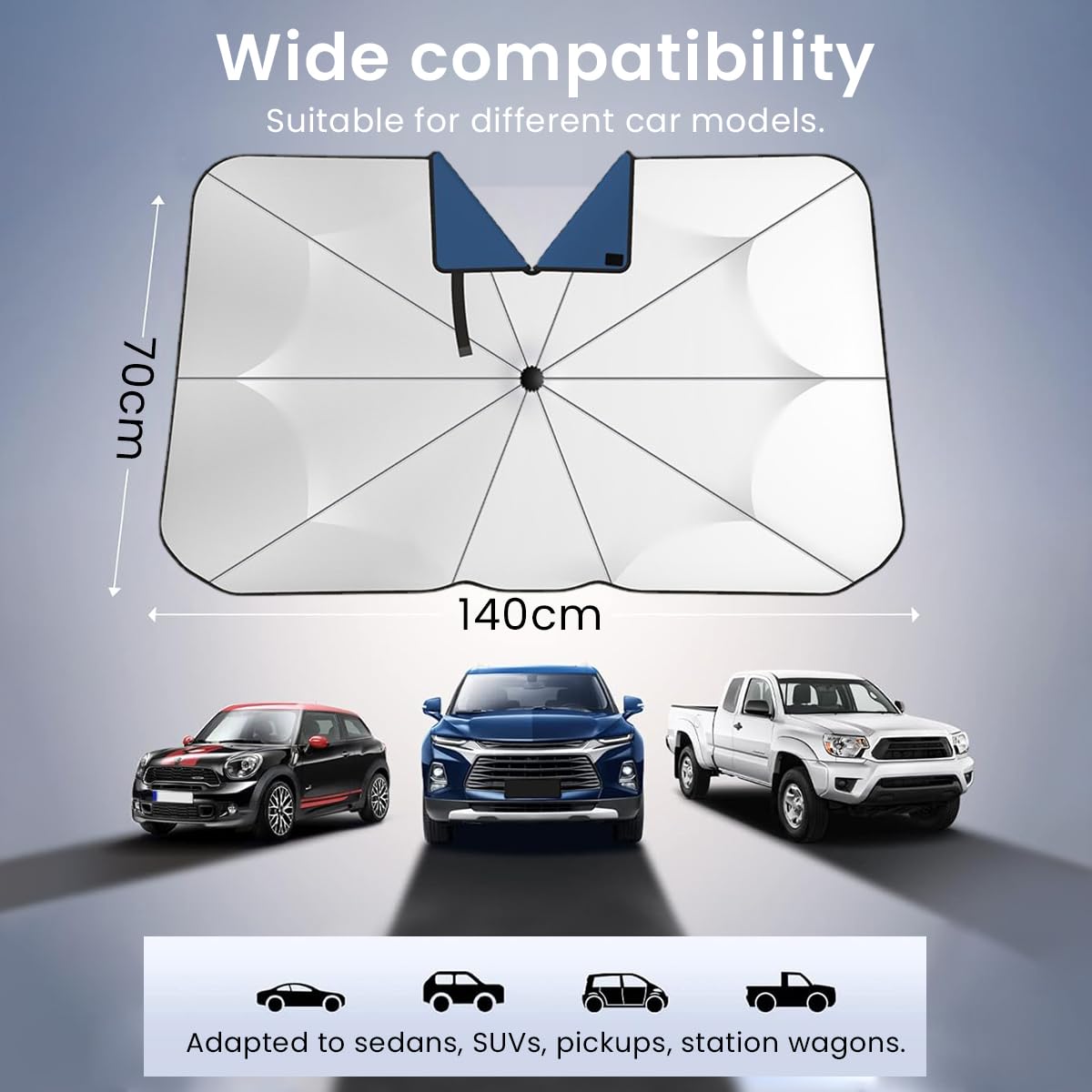 STHIRA Car Windshield Sun Shade 140×79cm for Sedan and SUV with Umbrella Rib Design | Foldable UV Protection Cover