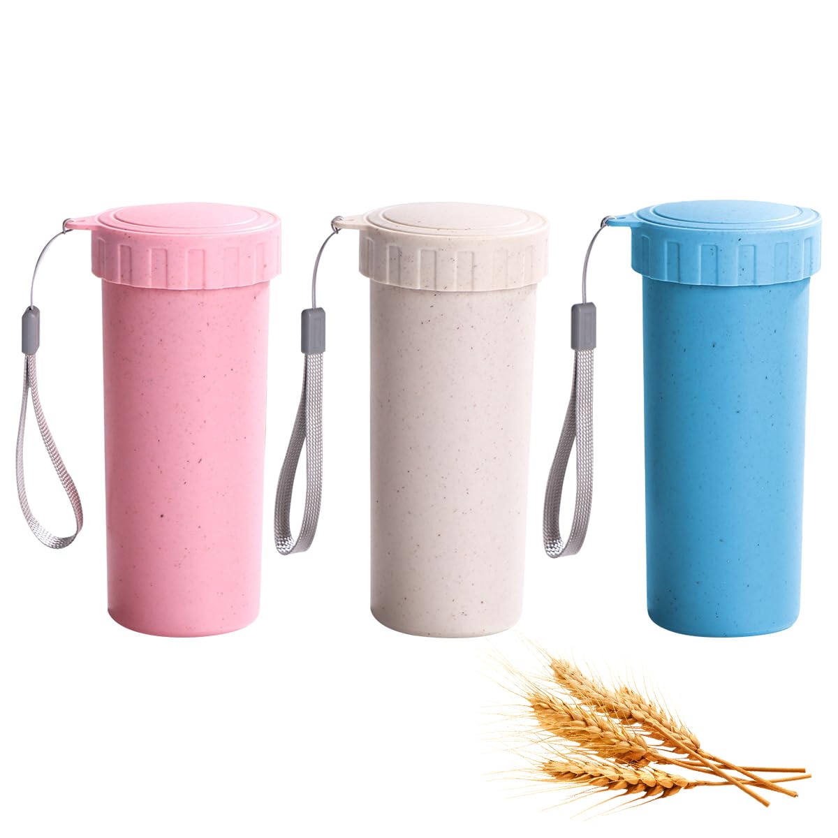 HASTHIP Water Bottle Set for Gym and Office with Leak-Proof Lid and Hand Strap 330ml | Wheat Straw BPA-Free Bottles