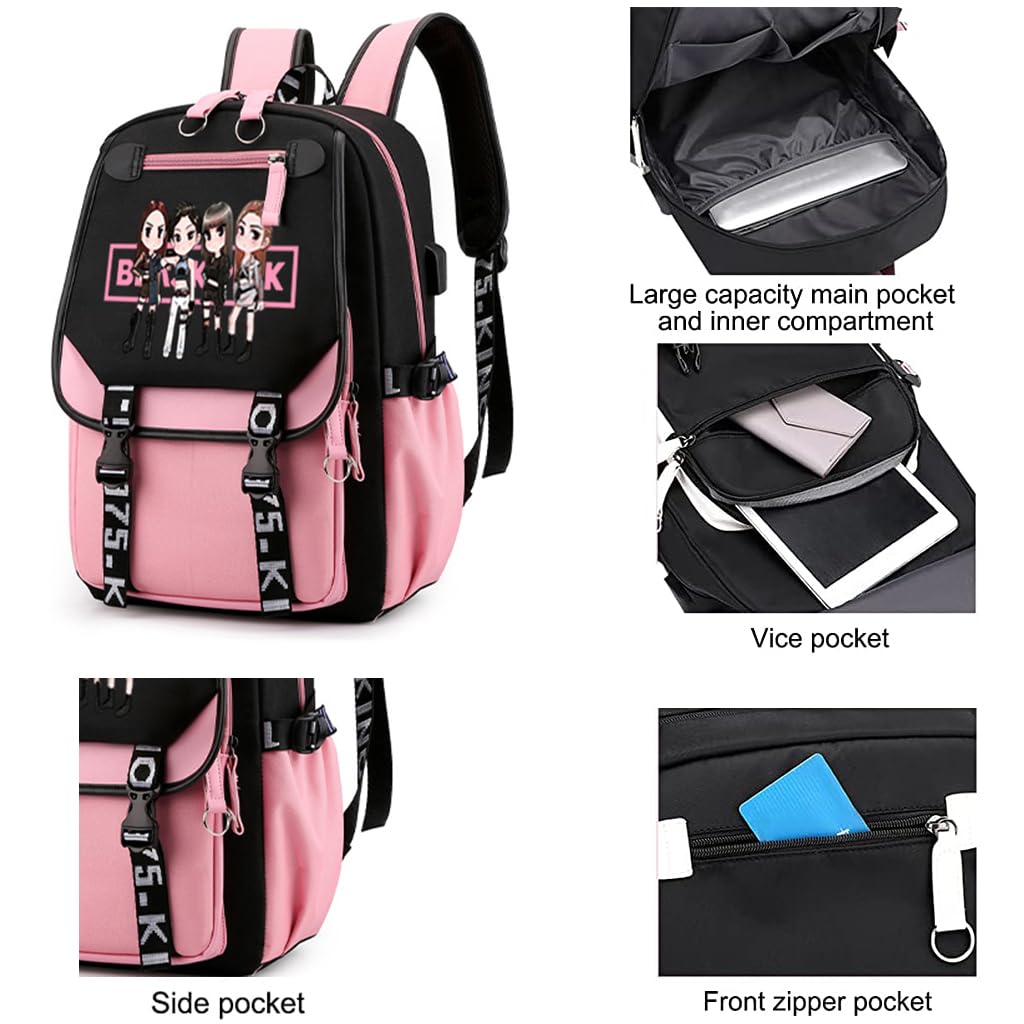 PALAY® Black Pink Bag For Girls School Bag with USB Cable Jack Cute Backpacks Idol Print Design Laptop Backpack and Casual Backpack Student Accessories That can Hold 16.8 inches Books