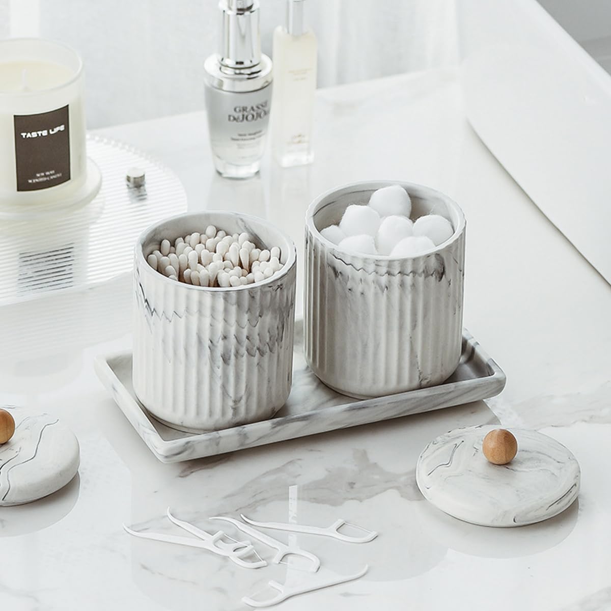 HASTHIP Rectangular Ceramic Vanity Tray for Jewelry and Makeup with Raised Edges | 23.5x9.3cm Marble Organizer