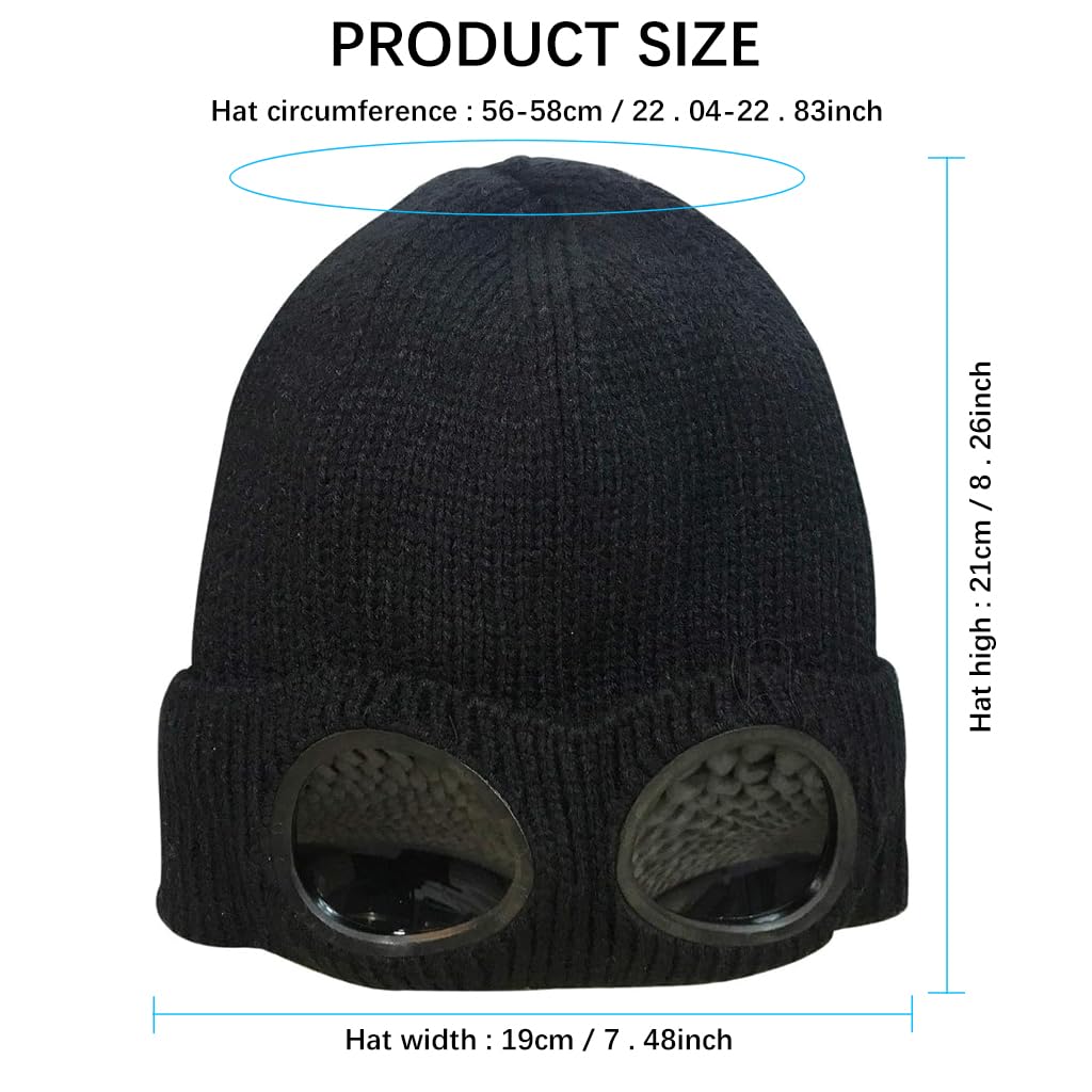 PALAY® Winter Hat Knitted Beanie Warm Hat Fashion Goggles Lens Knitted Cap Creative Couple Winter Hat Winter Stretchy Knitted Beanie Hat for Outdoor, Riding (Black)