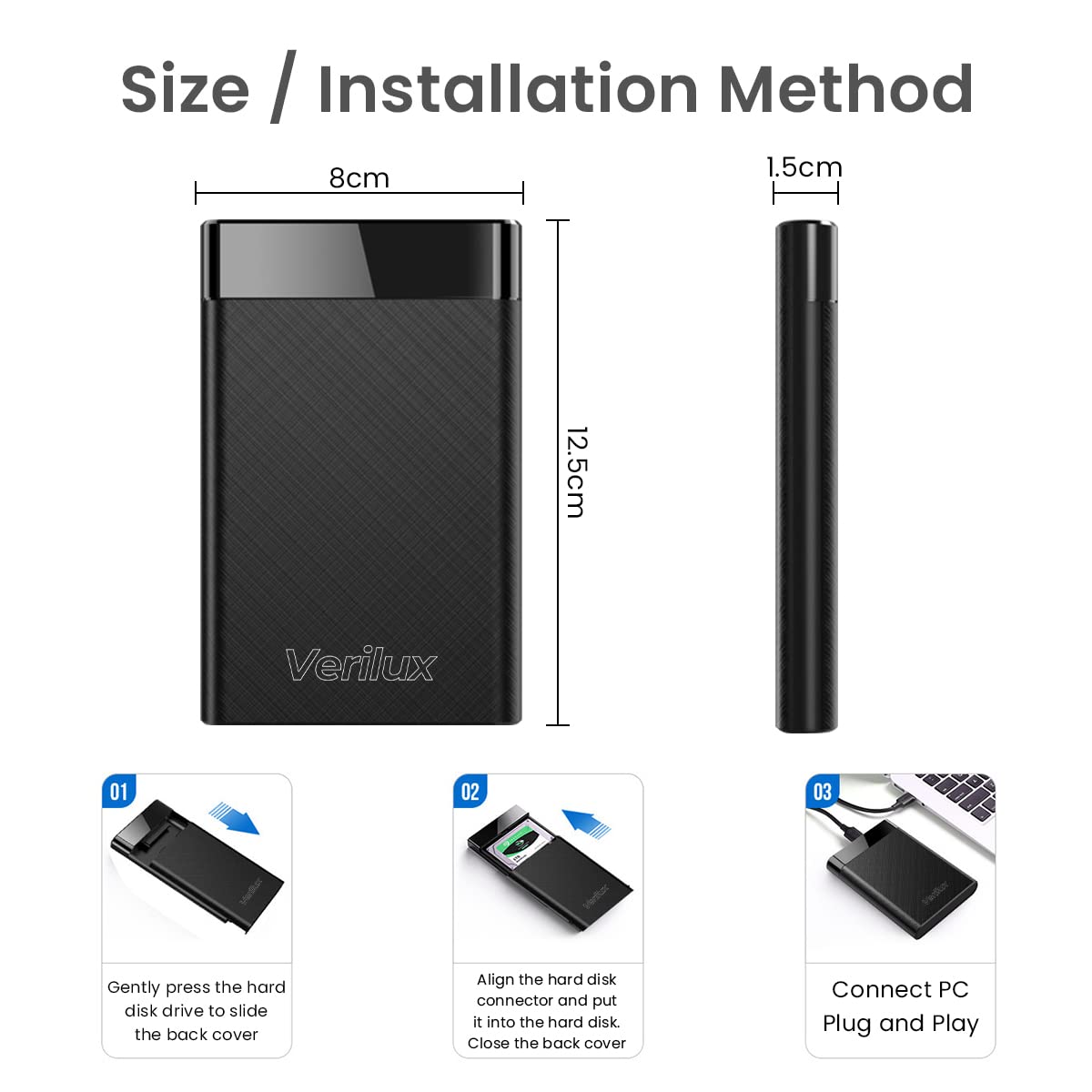 Verilux Hard Drive Enclosure for 2.5 Inch SSD and HDD featuring Tool Free Design | USB 3.0 SATA Case