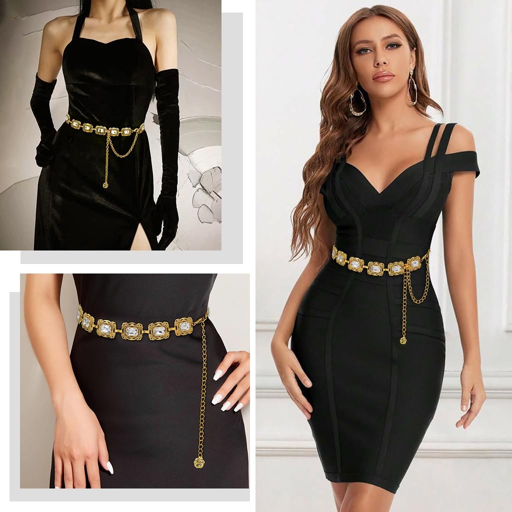 PALAY Belt for Women featuring Adjustable Metal Concho Chain and Crystal Accents in Gold