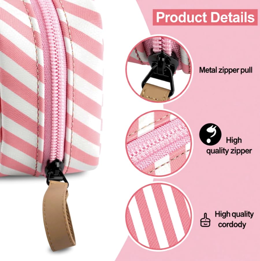 ZIBUYU Small Polyester Pouch for Travel and Cosmetics featuring Smooth Zipper | Pink Stripes 5 cm