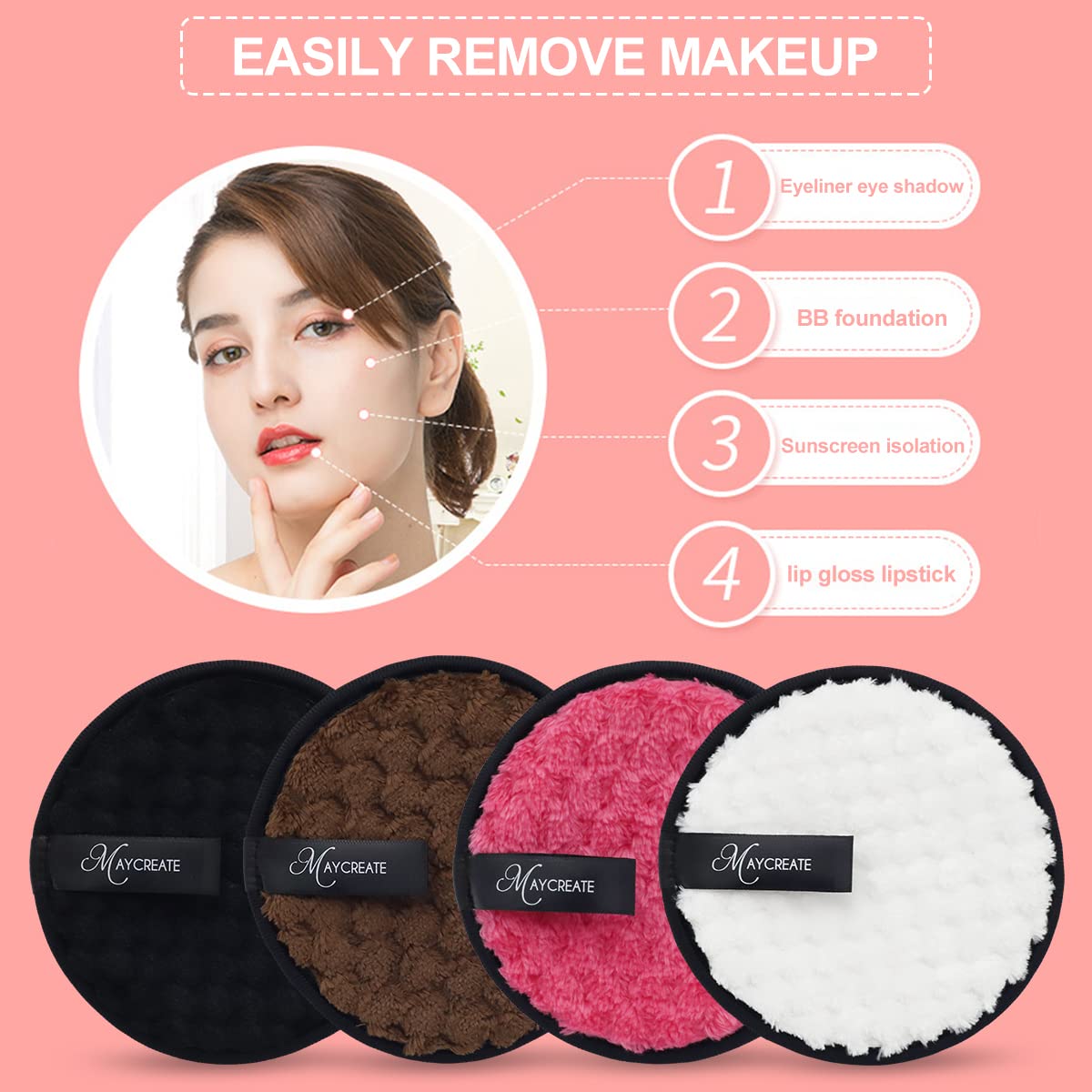 MAYCREATE® 4 PCS Makeup Remover Cleansing Pads Set, Reusable Soft Double-Side & Easily Remove Stubborn Face or Eye Makeup & Suitable for Dry,Oily or Sensitive skin-Individually Package