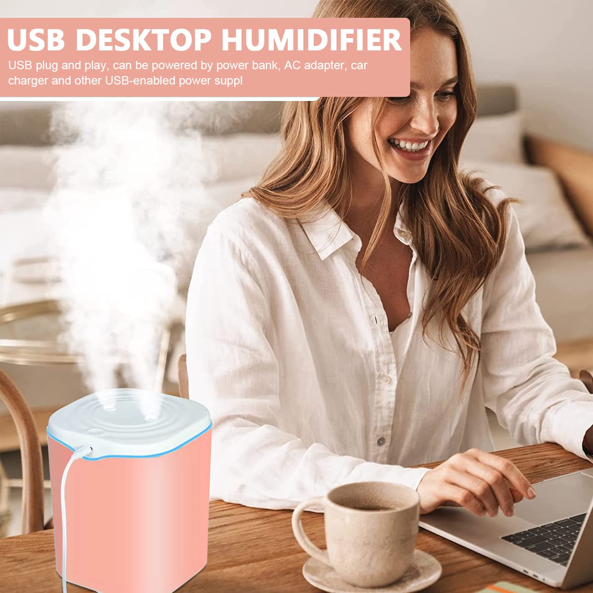 HANNEA Humidifier for Room with 2L Dual Spray Nozzle and 7 Color Light | Quiet USB Design