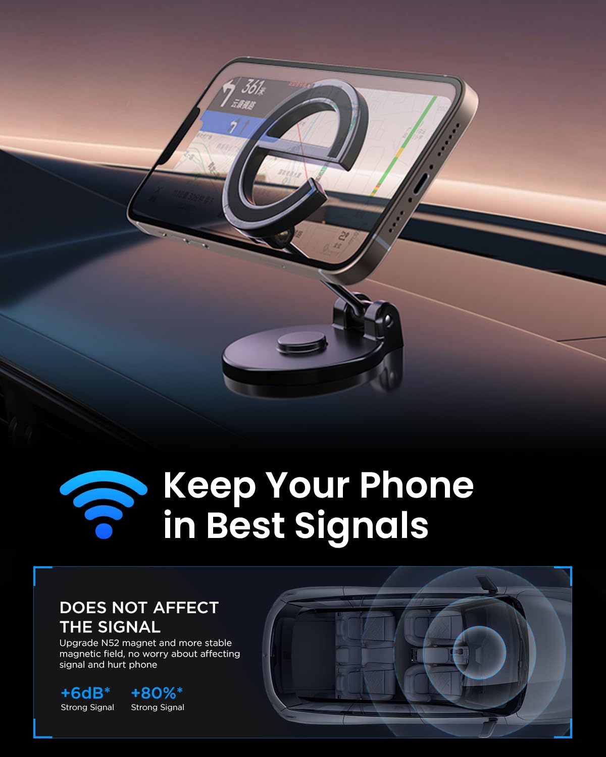 STHIRA Car Magnetic Mobile Holder for Dashboard with 40 N52 Magnets and 360° Rotation | Self-Adhesive Metal Design