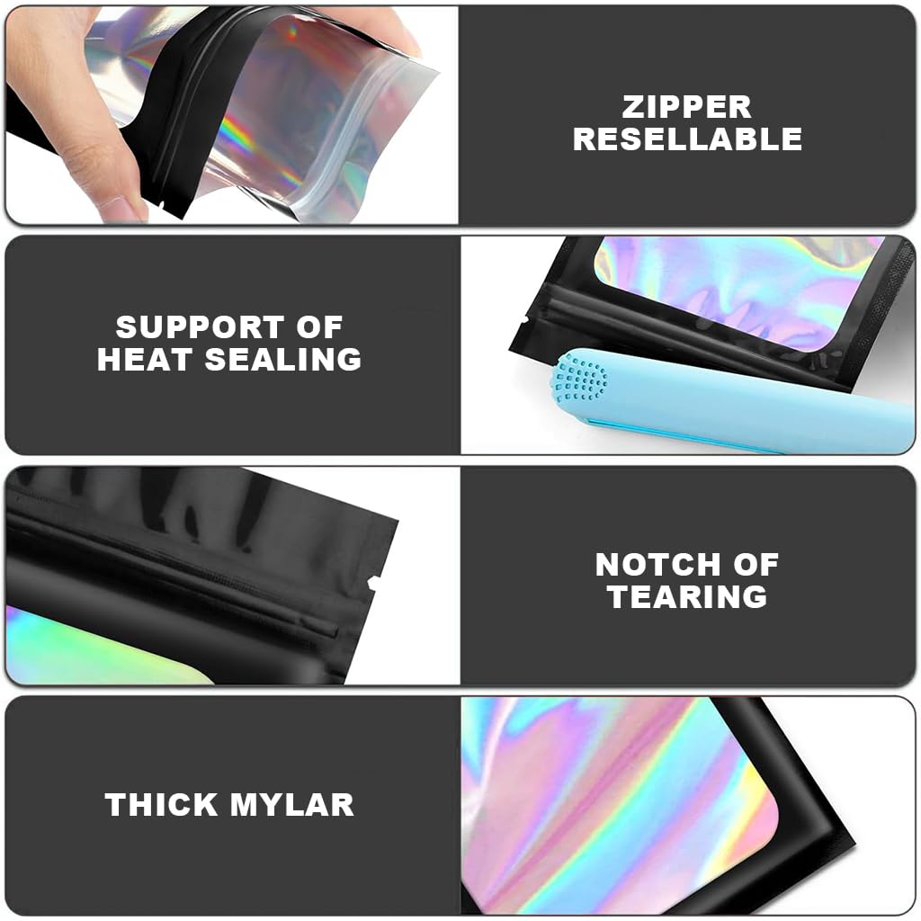 Smell Proof Bags for Food Storage with Resealable Zip and Clear Front 10 Pack 6x9cm | Holographic Rainbow Back