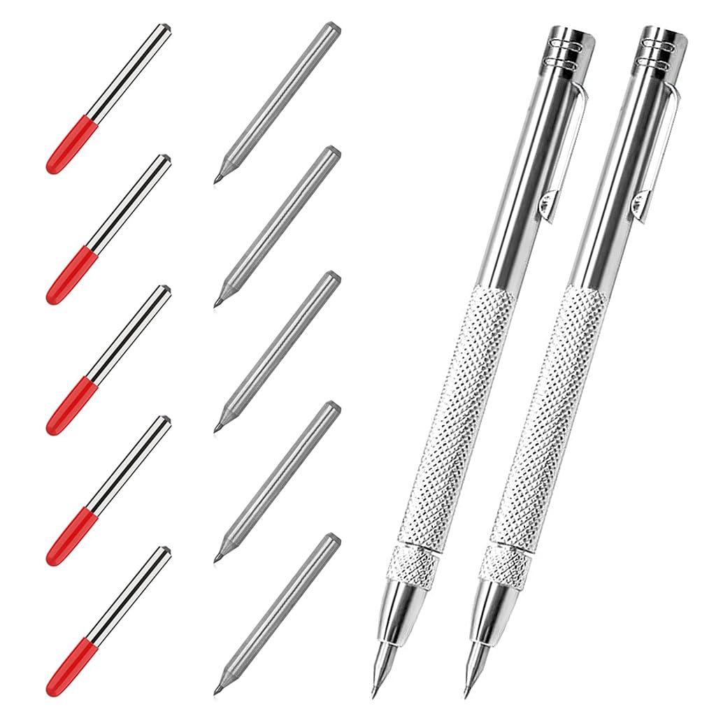 Serplex® 2Pcs Tungsten Scribers with 10 Interchangeable Tungsten Tips Anti-Slip Pocket Tungsten Scriber with Strong Magnet Cap Multipurpose Tungsten Carbide Scribers for Glass/Ceramics/Metal Sheet