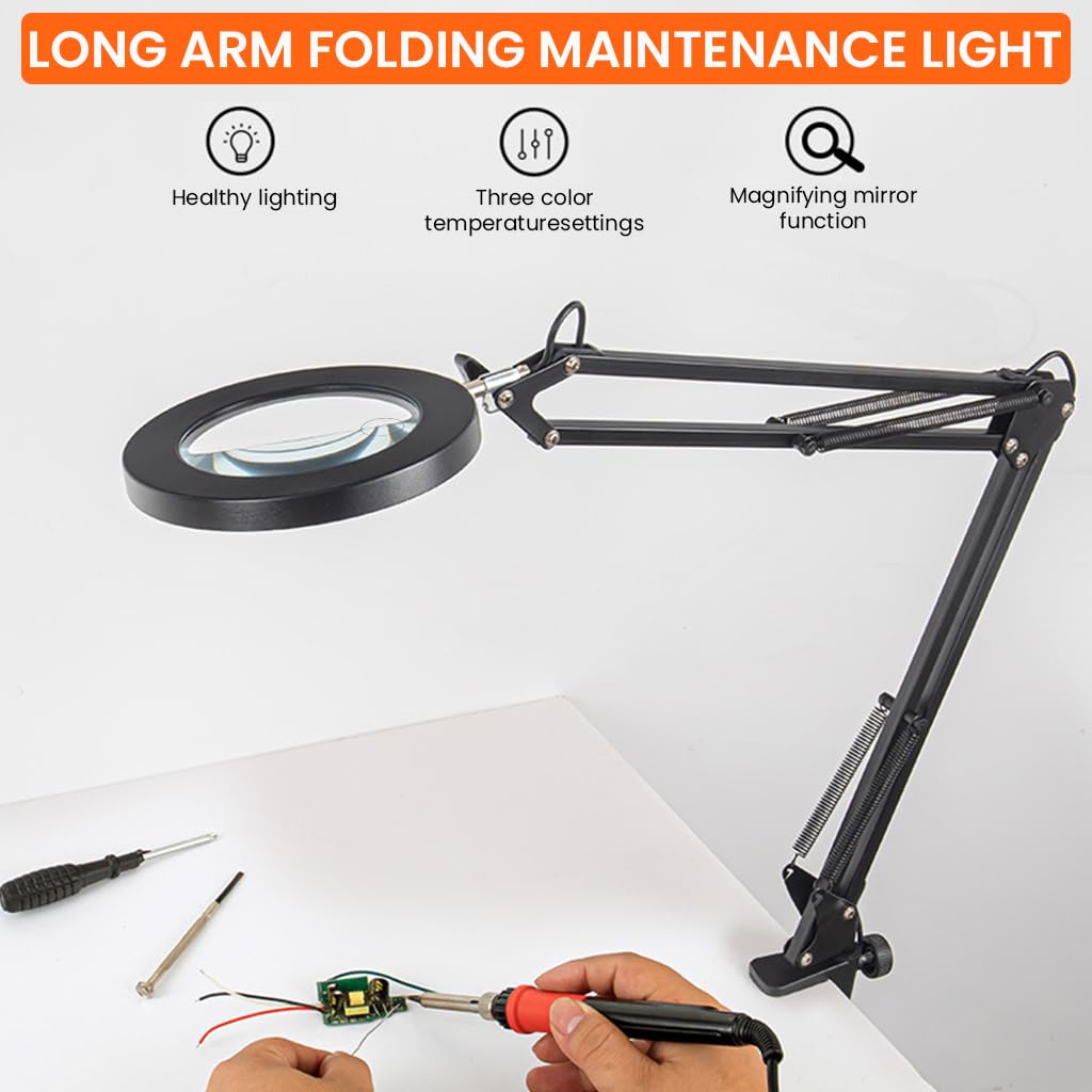 HASTHIP Desk LED Magnifier for Repairing and Reading with 15X Lens and Flexible Arm | 3-Color USB Lamp