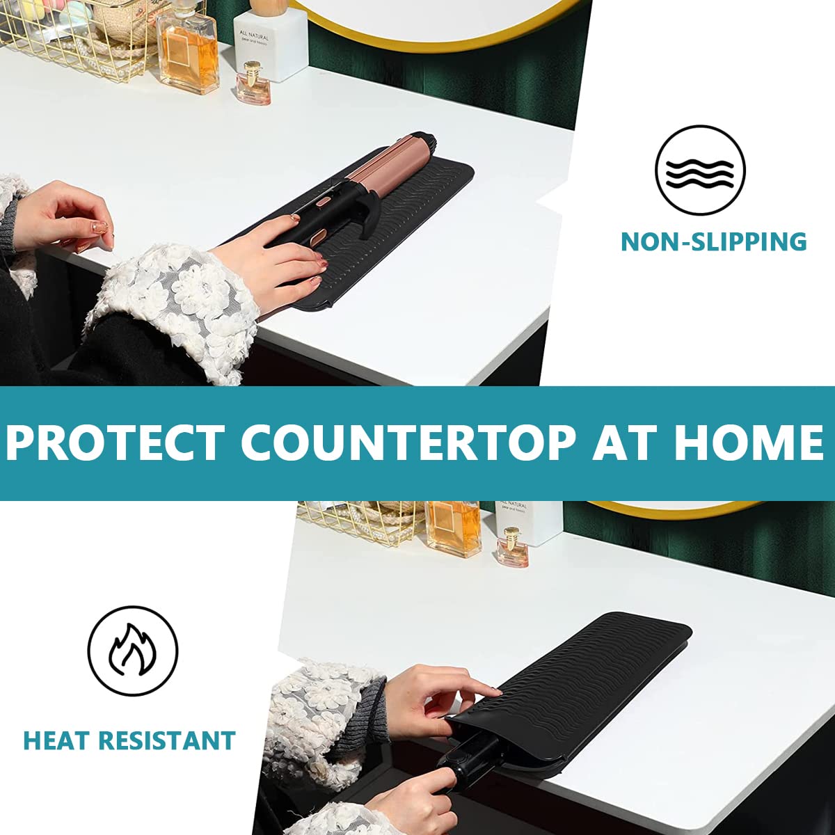 MAYCREATE Heat Resistant Silicone Mat Pouch for Curling Irons with 2 in 1 Open Pouch Design | Black 11×5.1×4.3 in