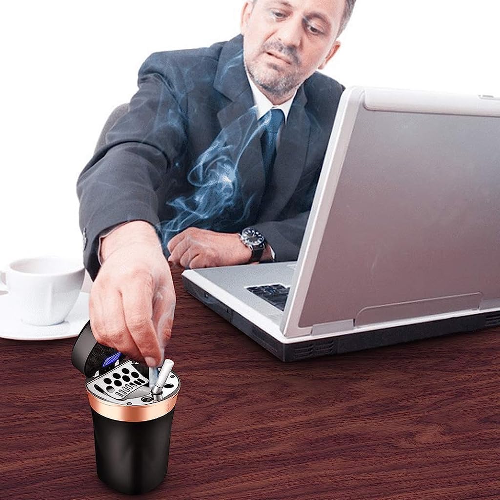 STHIRA Car Ashtray for Vehicle Cup Holder with Solar and USB Electronic Lighter | Black Ceramic Liner