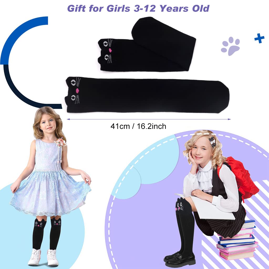 ZIBUYU Cotton Long Socks for Girls featuring Cute Kitty Design and Winter Warmth | 1 Pair Black 2PCS