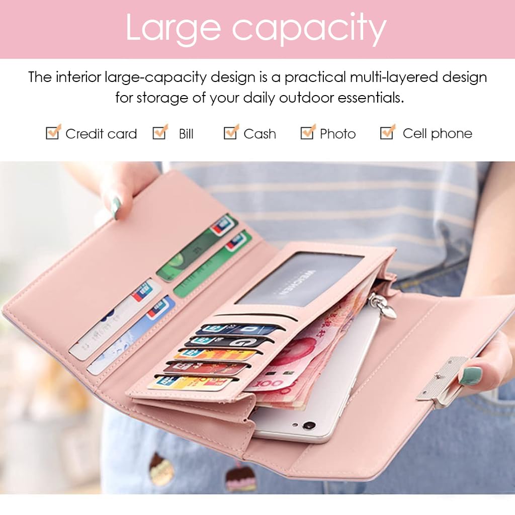 ZIBUYU Hand Purse for Women featuring 10 Card Slots and Zipper Pocket in Pink PU Leather | 19cm x 9.5cm Travel Wallet