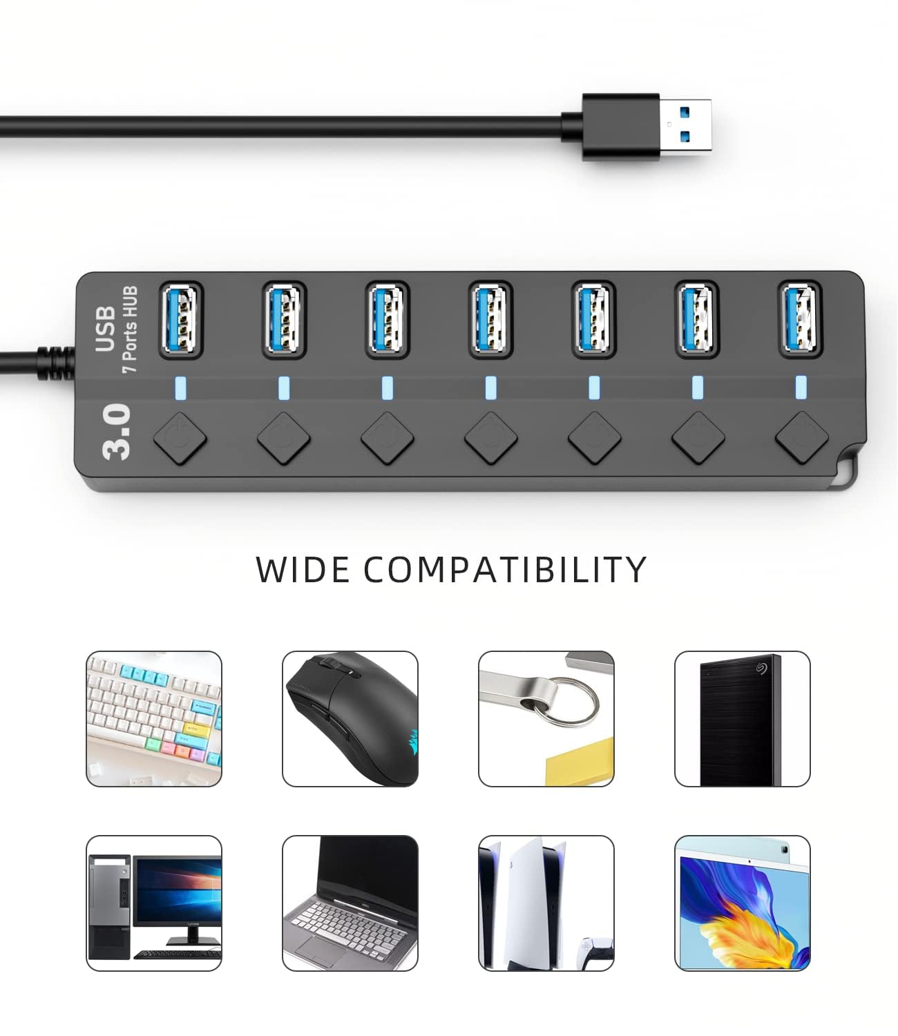 ZORBES USB Hub 3.0 for PC with 7 Ports and Individual Switch Control | 5Gbps Data Transfer