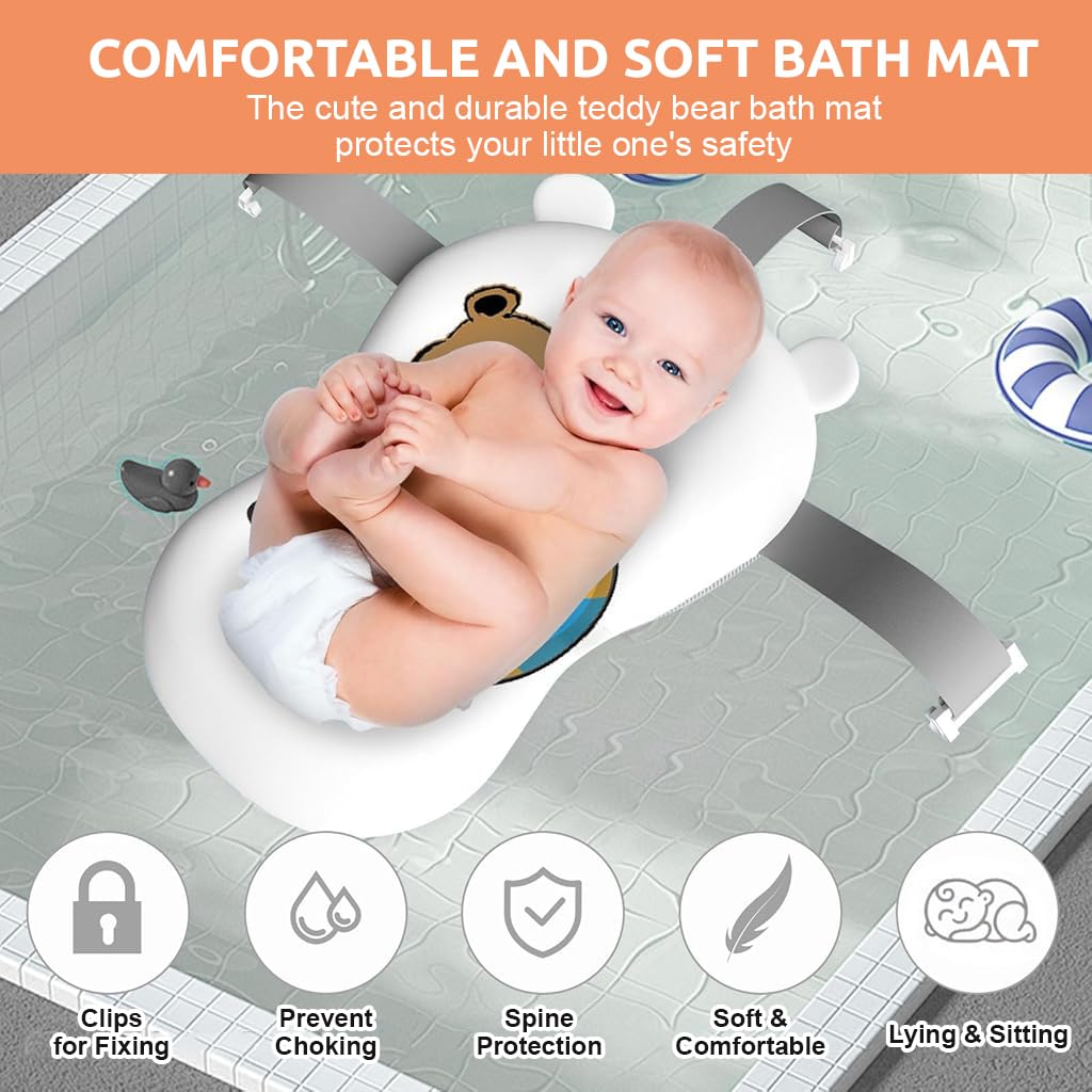 SNOWIE SOFT® Baby Bath Tub Newborns Bathtub for Baby 0 to 3 Years Anti-slip Folding Baby Bathtub with Smart Real-time Temp Digital Display, Cute Bear Back Support Cushion Baby Shower Gifts (Grey)