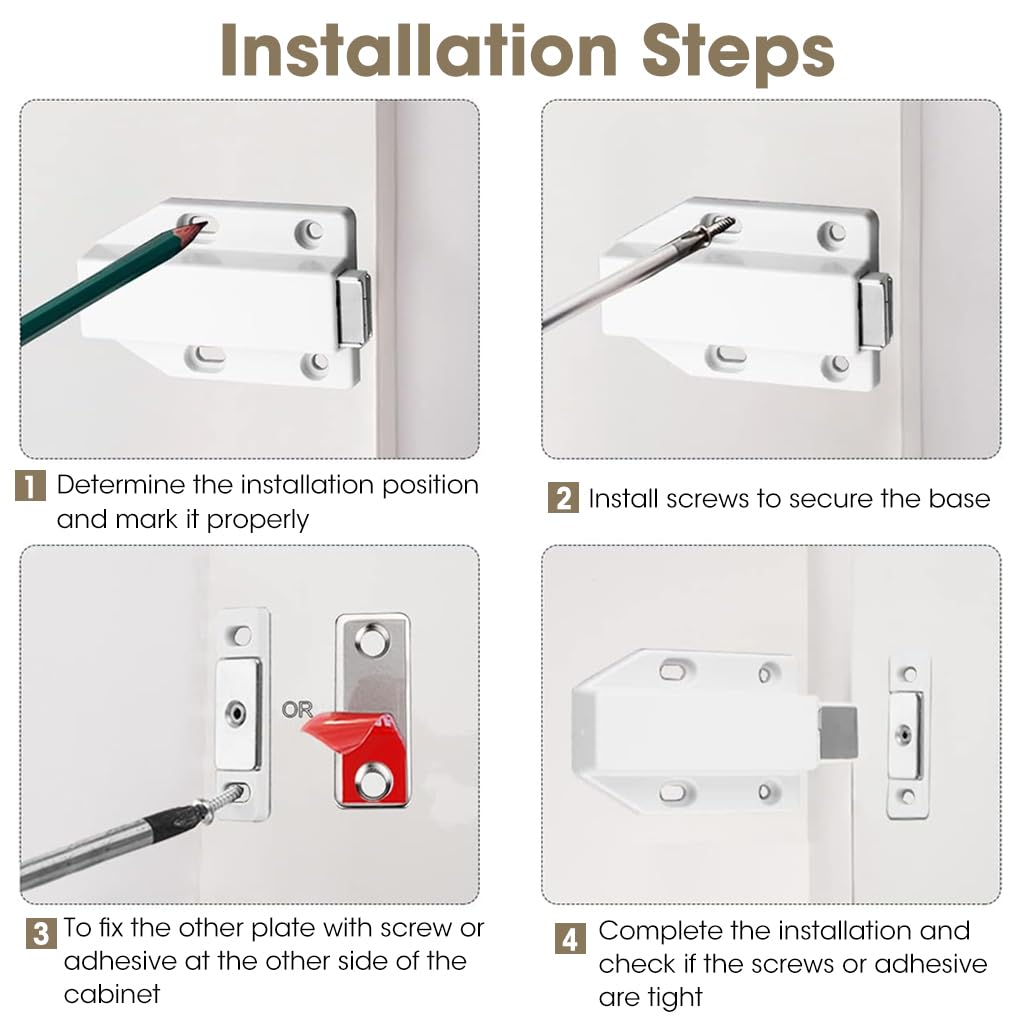 HASTHIP Latch Lock for Cabinet and Drawer with Magnetic Push Mechanism 2pcs White 7.8cm