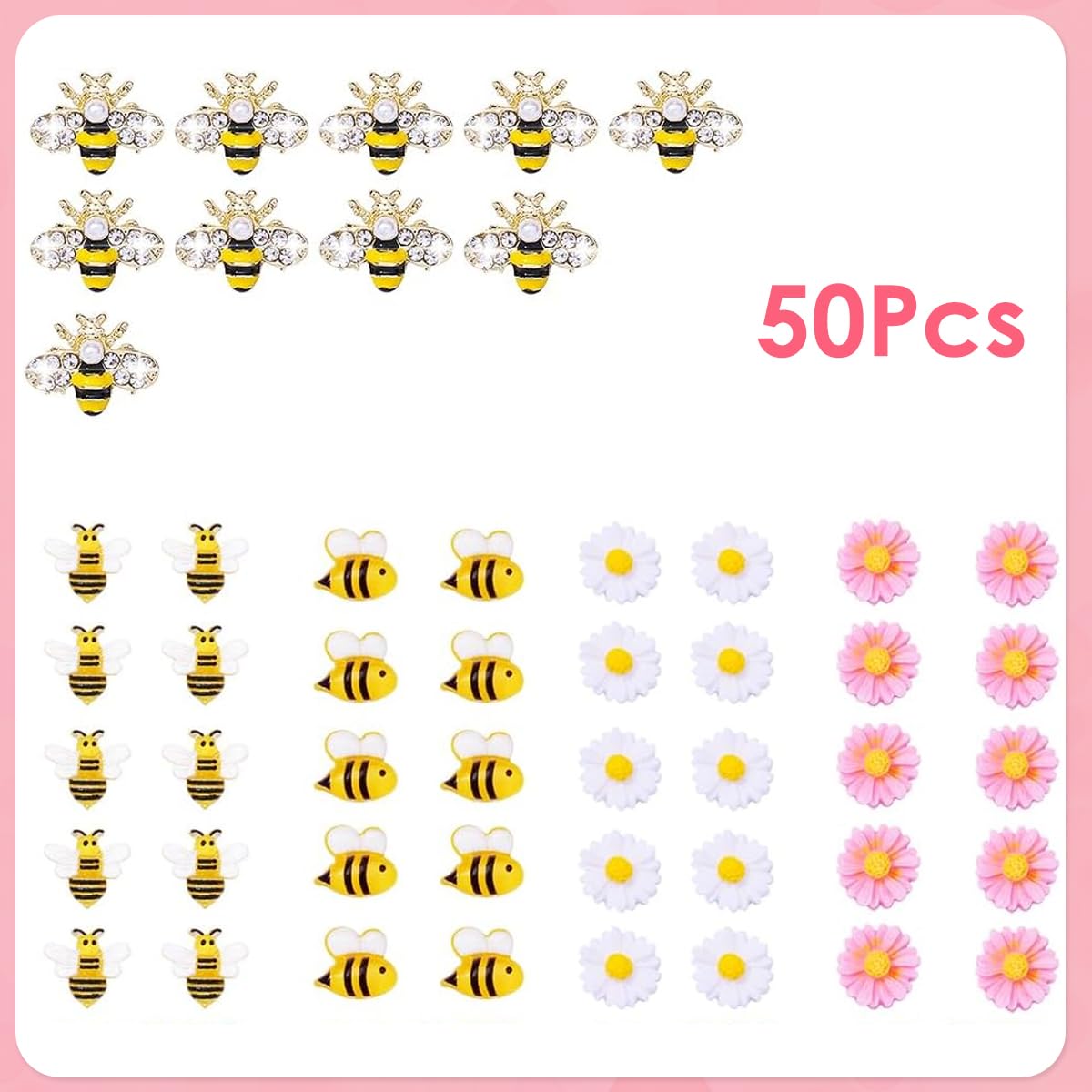 MAYCREATE Nail Art Charms for DIY Decoration featuring 50PCS 3D Gold Alloy Bees & Flowers