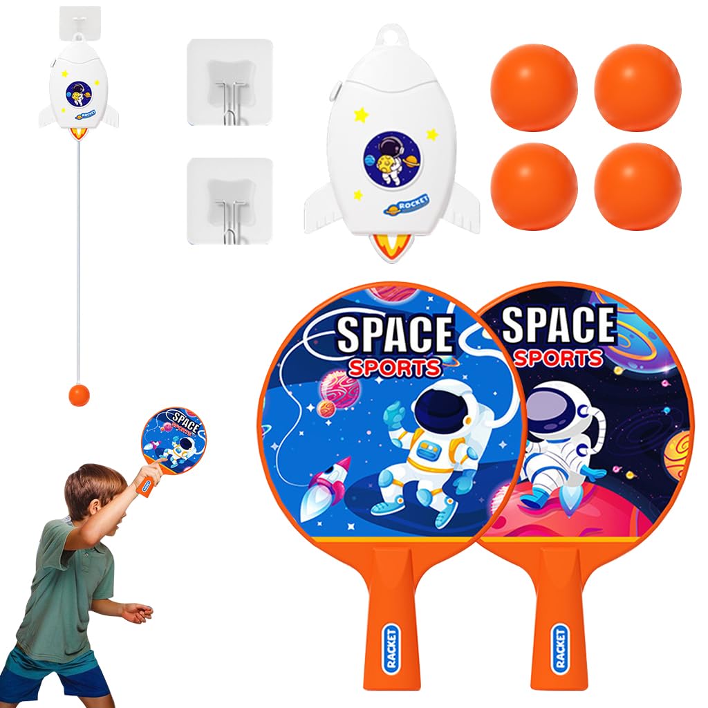 Proberos® Table Tennis Trainer for Kids Cartoon Rocket Hanging Table Tennis Trainer Set for Kids, with 4 Ping Pong Balls and 2 Rackets Gift Toy for Kids Christmas Gift