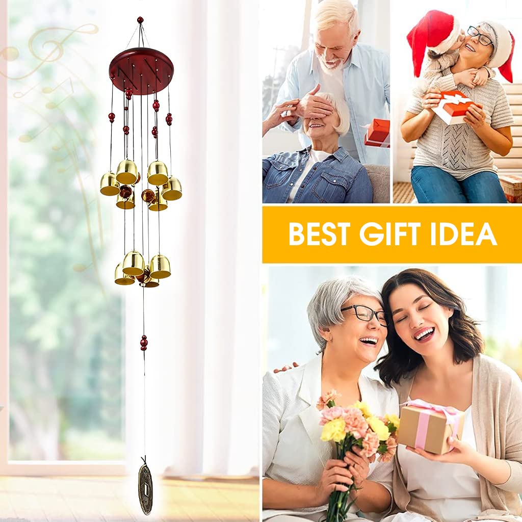 HASTHIP feng Shui Wind Chimes for Home and Garden with 10 Copper Bells and Wooden Roof 75cm