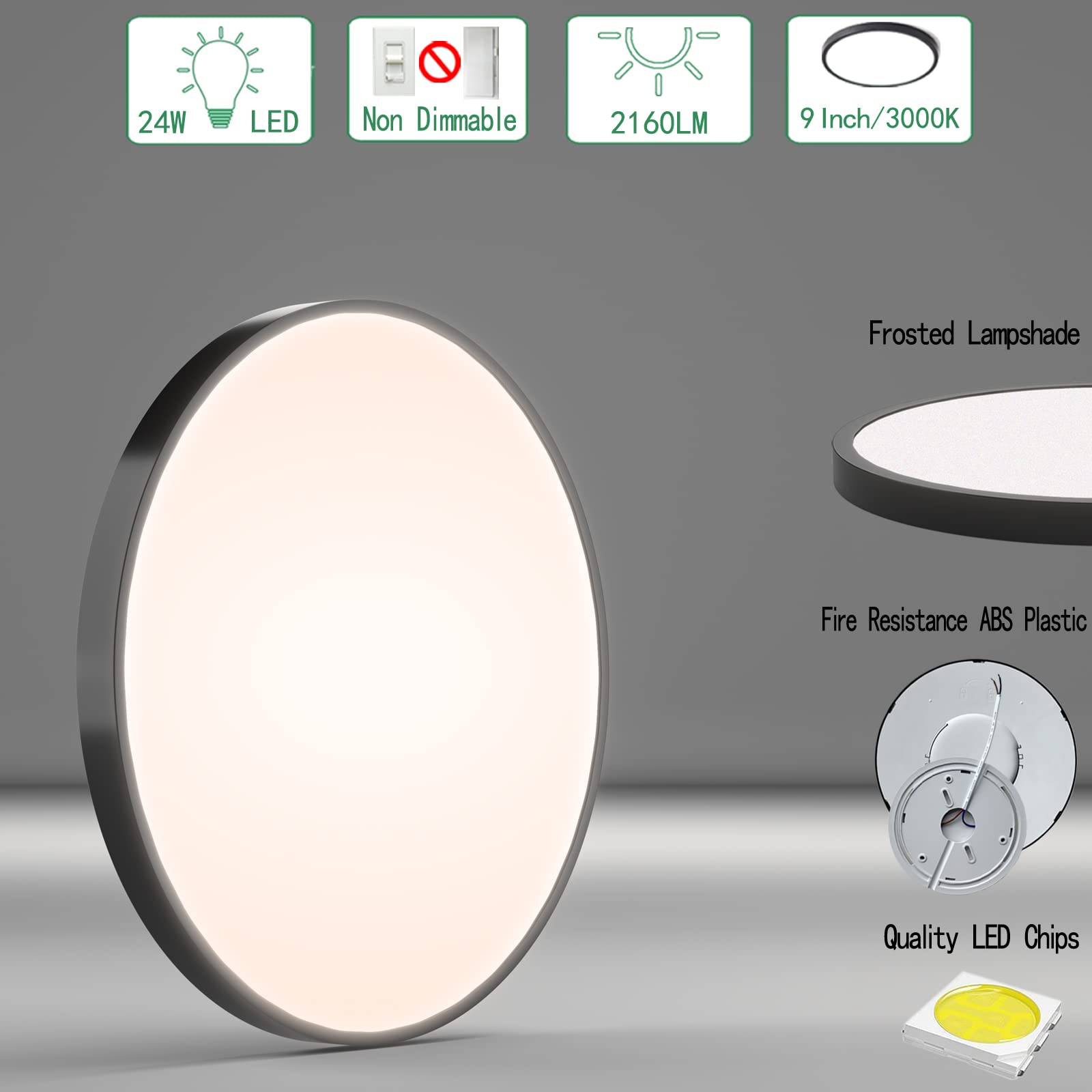 HASTHIP LED Ceiling Light for Living Room with 24W 120pcs Source and 0.83in Ultra Thin Design | Warm 3000K Black Fixture