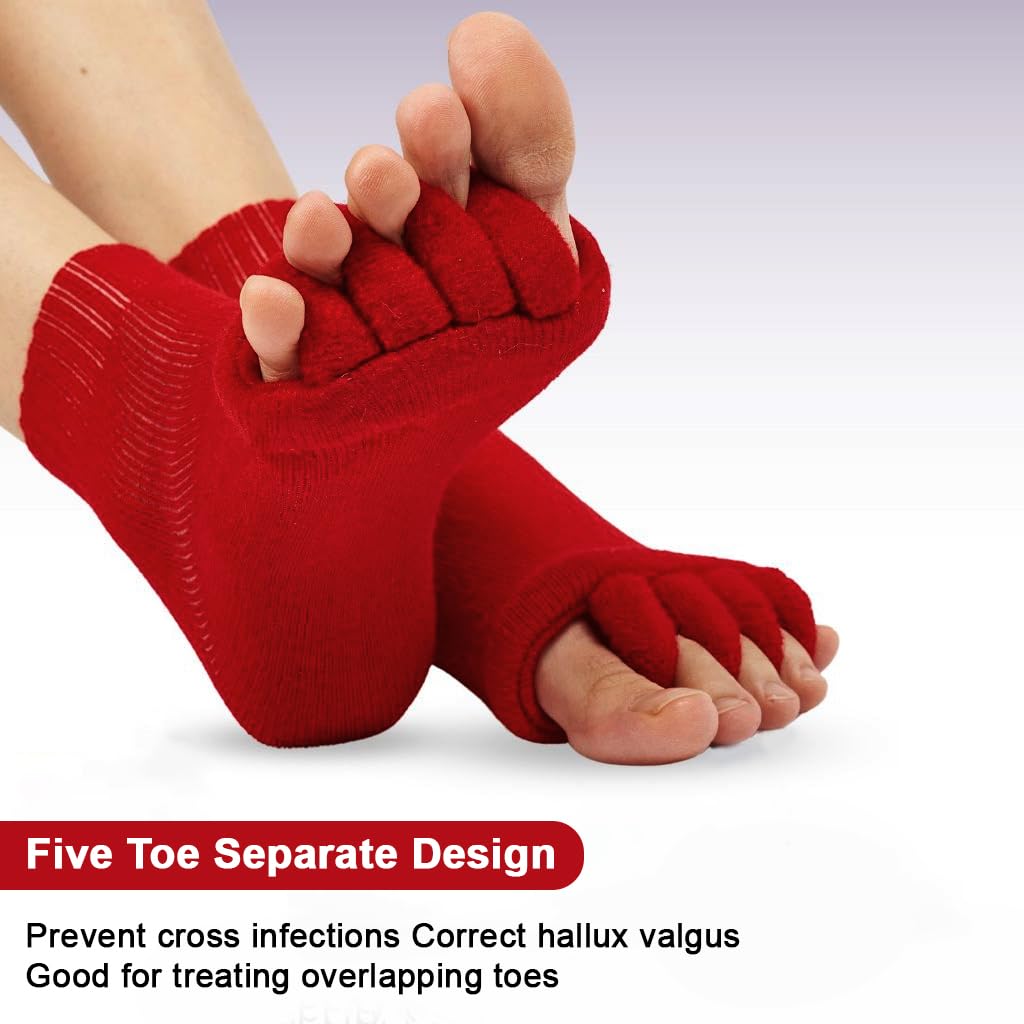 Zibuyu Toe Separator Socks for Yoga and Sports featuring Ergonomic Toe Dividers | Breathable Cotton Red Design for Men and Women