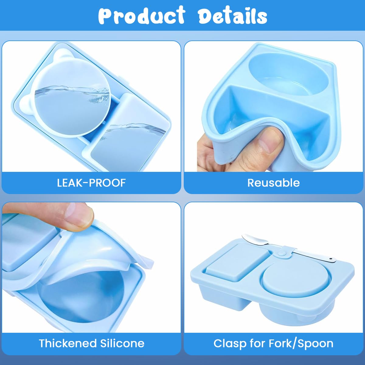 HASTHIP Silicone Salad Dressing Container for Lunch Box with Dual Compartments 5.6x3.4x1.3 in | Leakproof Food Grade Sauce Cup and Spoon Strap