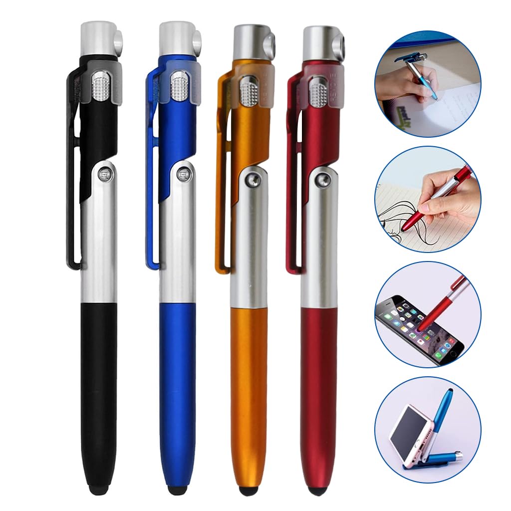 HASTHIP® 4Pcs Multifunction Stylus Pen for Phone, Foldable Mobile Phone Rack Touch Ballpoint Pen Portable Desk Phone Holder Pen Ballpoint Pen with Led Light, Folding Signing Pen for Office