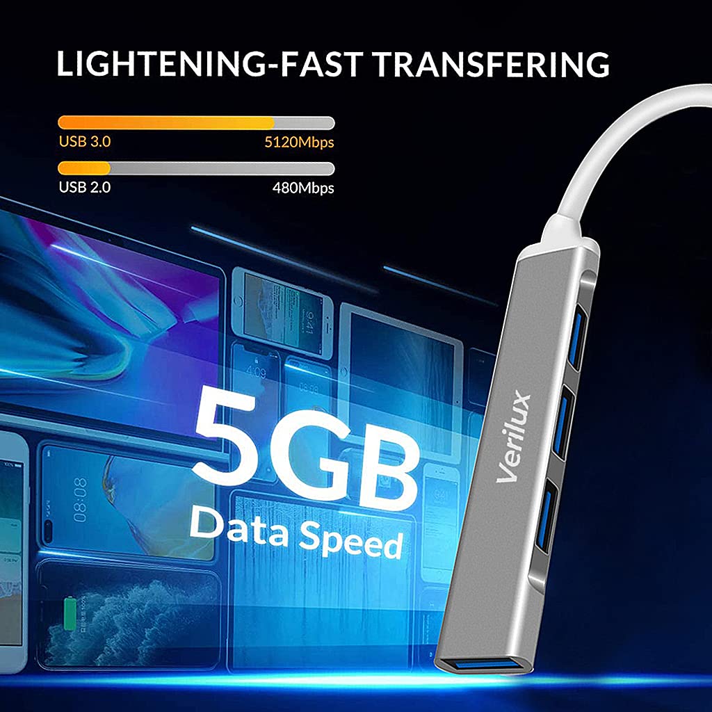 Verilux USB Hub 3.0 for Laptop and PC featuring 4 Ports with 5Gbps Data Transfer | Aluminium Multiport Adapter