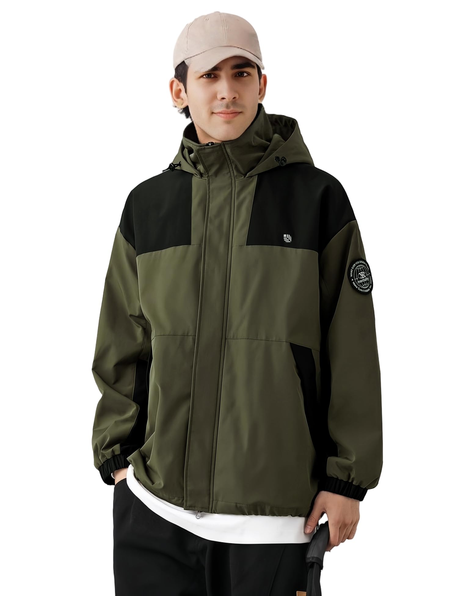 Venzina Men's Modular Tech Wear Jacket for Urban Outdoor Style with Waterproof Windproof Shell and Interchangeable Patches in Army Green