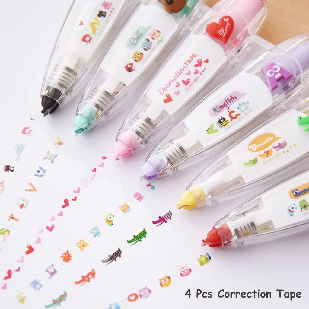 HASTHIP® 4Pcs Correction Tape, Cute Cartoon Decorative Tape Scrapbooking Supplies, Decorative Edging Tape, Correction Tape for Journal Supplies Scrapbook, Crafts and Arts Projects