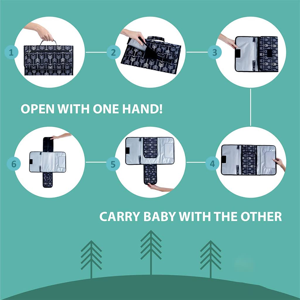 SNOWIE SOFT Portable Changing Pad for Travel with Storage Pockets and Pillow | Grey Polyether Thane Mat 23.5×13.5 in