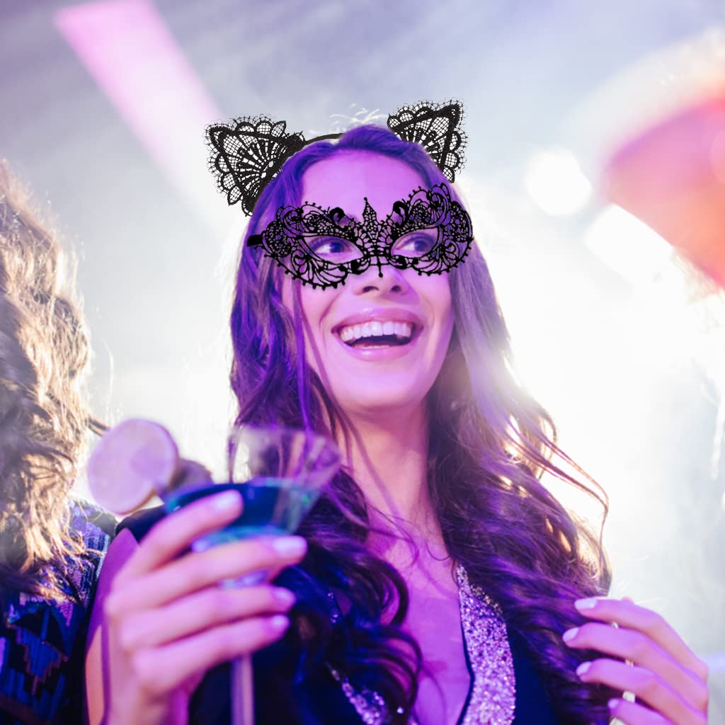 PATPAT Masquerade Mask Set for Women with Lace Eye Mask and Cat Ears Headband 18×16cm | Halloween and Party Costume Accessory