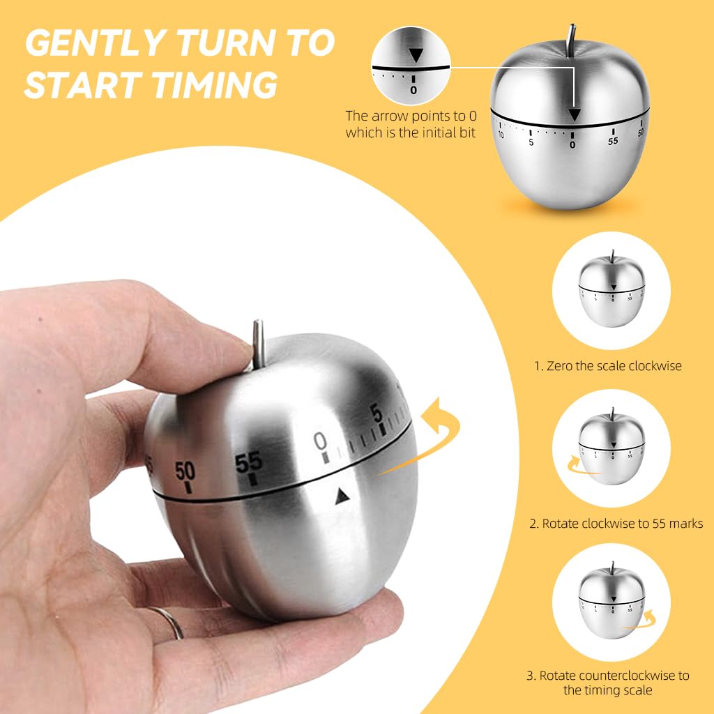 ZIBUYU® Kitchen Manual Timer Stainless Steel Apple Mechanical 60mins Countdown Kitchen Timer  70 Decibels Kitchen Timer Learning Timer