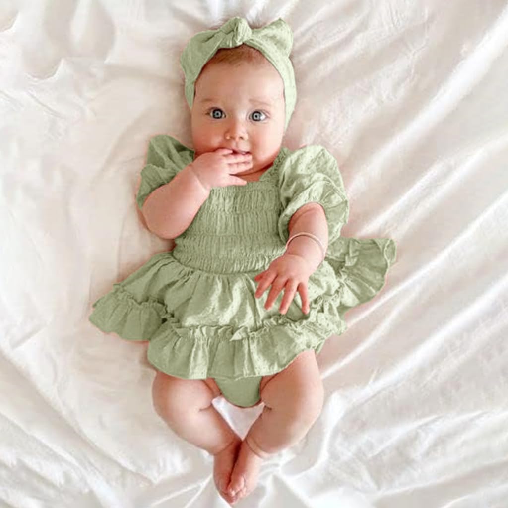 SNOWIE SOFT Baby Dress Bow Headband Set Infant Girls Romper Dress Light Green Princess Baby Dress Short Sleeve Ruched Jumpsuits Skirts Hem Bodysuits Baby Shower Gift for Infant Girls 3-6 Month
