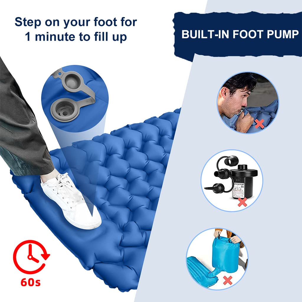 [Second-hand]Proberos@ Air Mattress with Pillow and Built-in Foot Pump, Portable Folding Camping Sleeping Bed Inflatable Mattress for Camping Backpacking Hiking Traveling Tent Car, Camping Accessories (Blue)
