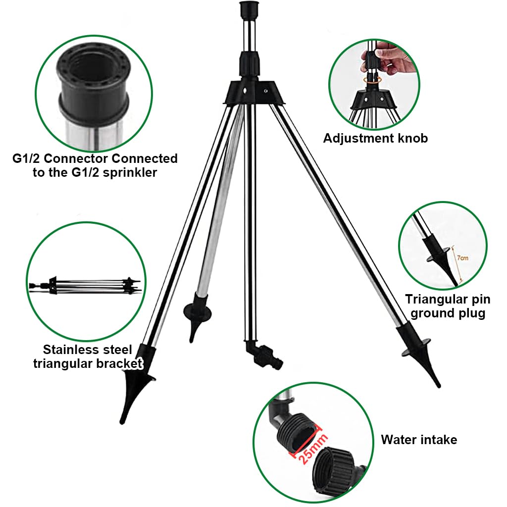 ORTIZA Garden Water Sprinkler for Lawn and Flower Bed with 64–94cm Adjustable Tripod | Zinc Alloy Stainless Steel 360° Irrigation System