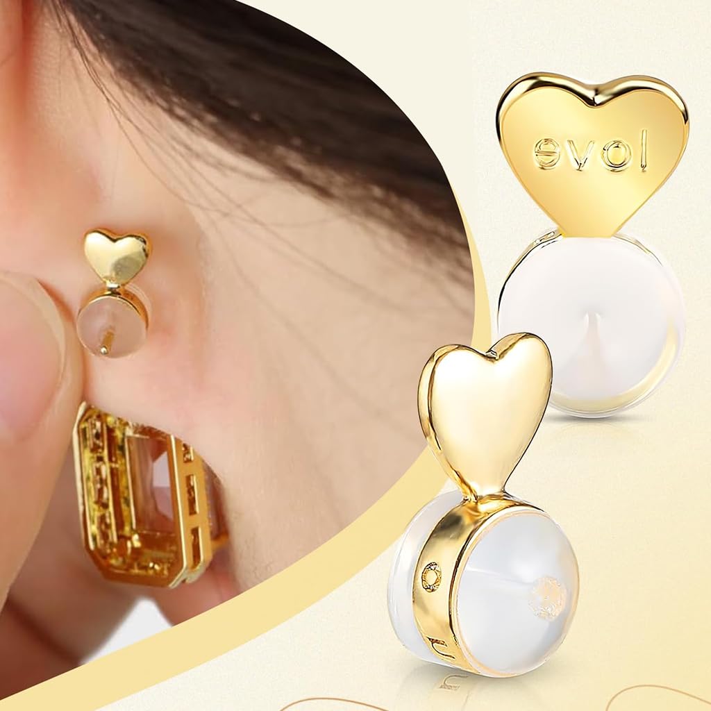 SANNIDHI Earring Supporter for Heavy Earrings featuring 6pcs Gold Heart Backs with Box | Comfortable Rubber Grip