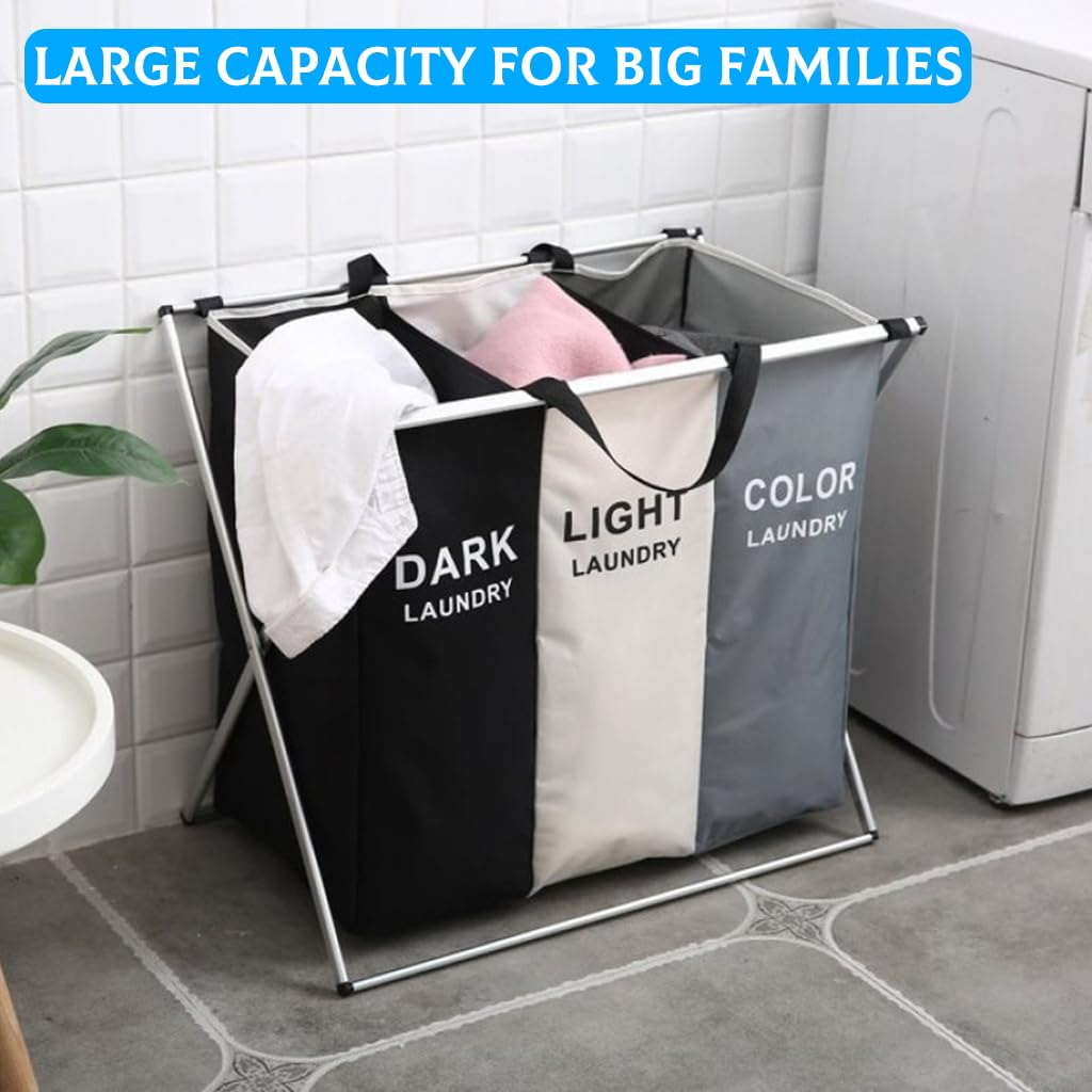 HASTHIP® Large Folding Laundry Basket with 3 Compartments - 600D Oxford Cloth, Reinforced Handles, Metal Frame, Dirty Clothes Hamper Bag for Bedroom Blanket Storage Organizer (64.5x37.5x58 cm)