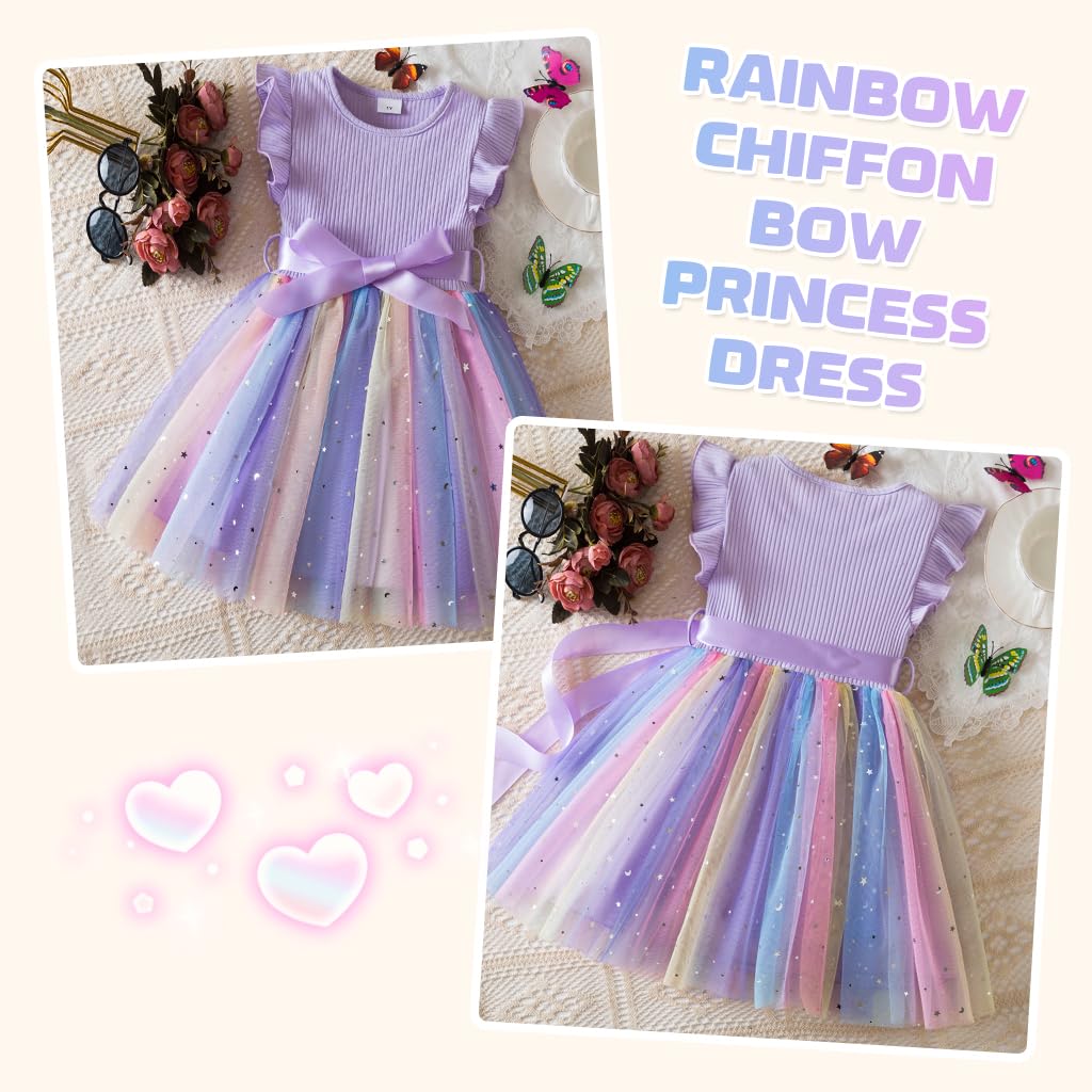 SANNIDHI Girls Lace Frock for Birthday Parties featuring Rainbow Tulle Skirt and Satin Bow | Purple 5-6Y