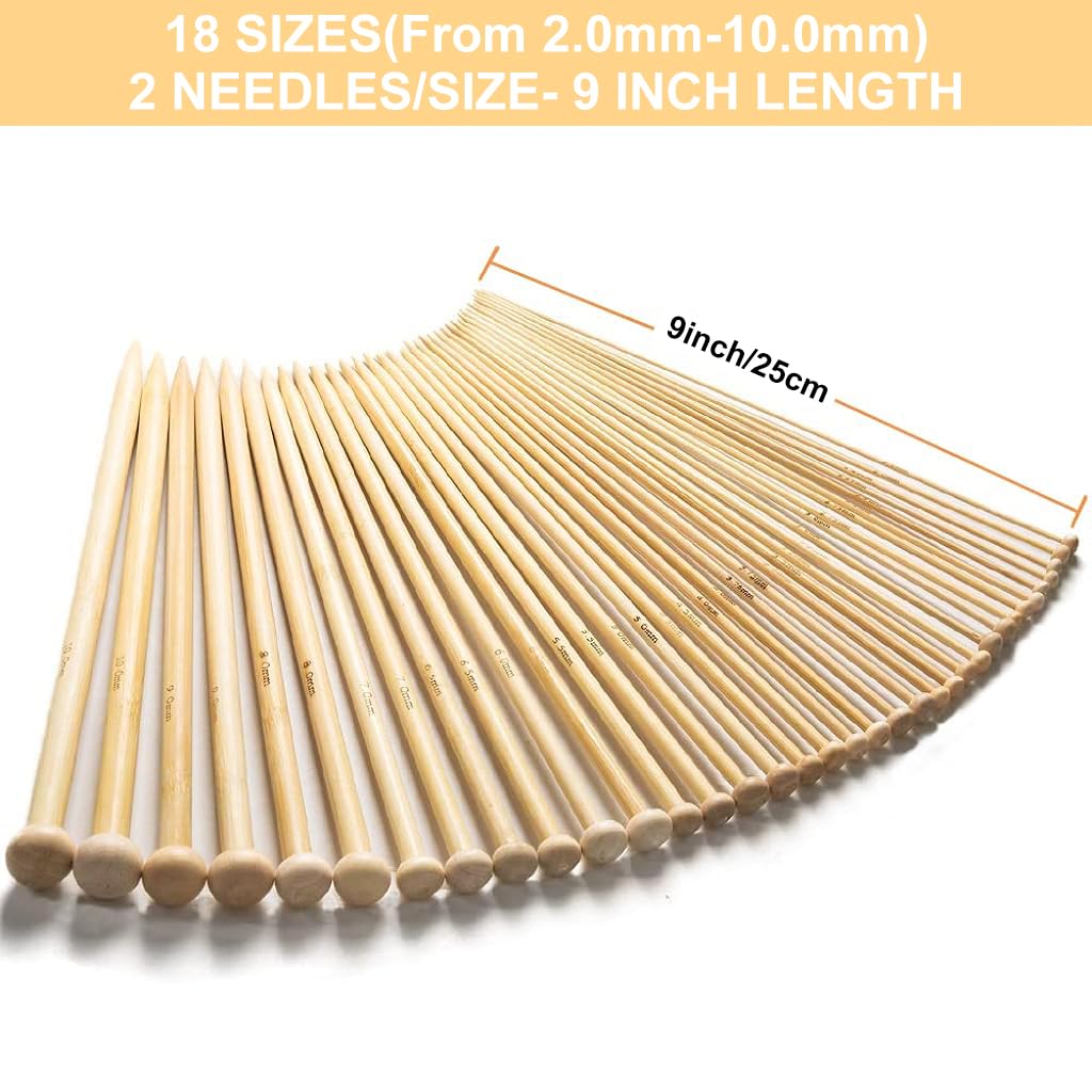 ELEPHANTBOAT Knitting Needles Set for DIY Projects with 36PCS 9in Bamboo Needles | 18 Sizes 2.0mm–10.0mm