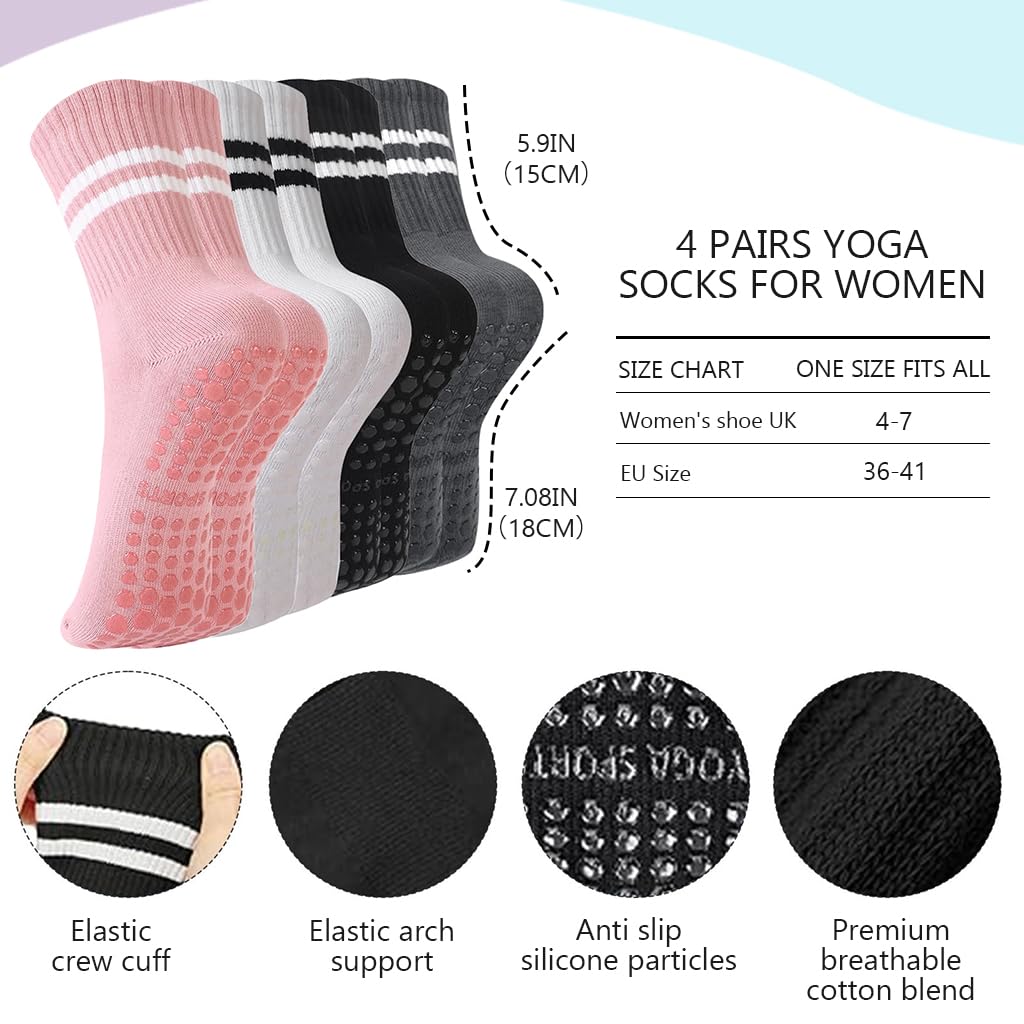 PROBEROS Yoga Socks for Women with Anti Slip Silicone Grip and Breathable Cotton | 4 Pairs