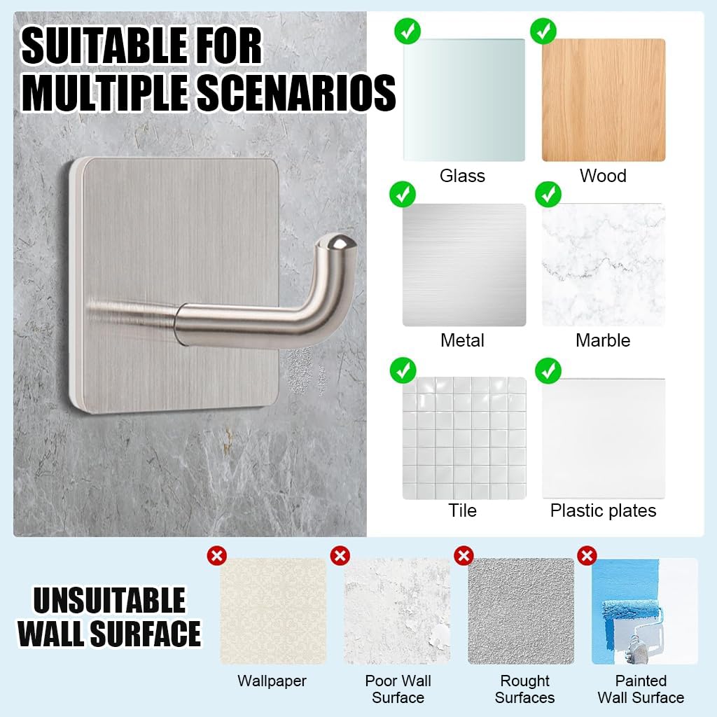 HASTHIP Self Adhesive Wall Hooks for Bathroom and Kitchen with 6.6lbs Capacity | Rust-Proof Stainless Steel Pack of 8